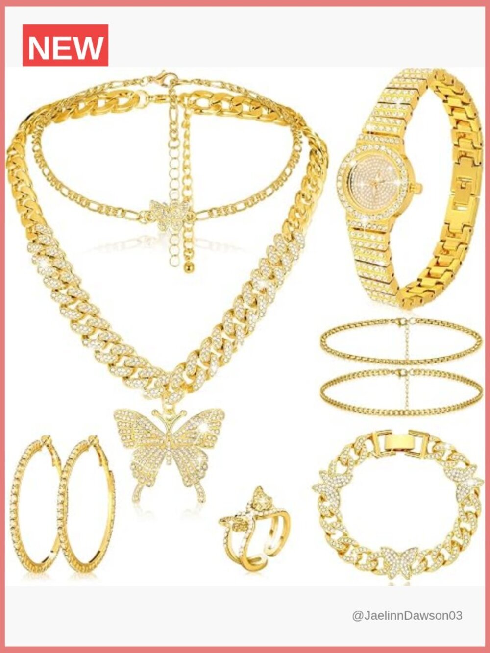 8pcs Big Butterfly Rhinestone Jewelry Set Necklace Bracelet Watch Earrings Ring